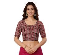 Jaanvi fashion Women's Round Neck Cotton Stretchable Elbow Sleeve Printed Princess Cut Piping/Kalamkari Ajrakh Readymade Saree Blouse