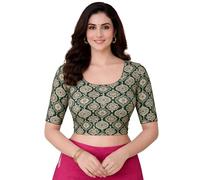 Jaanvi fashion Women's Round Neck Pure Cotton Dobby/Kalamkari Ajrakh Elbow Sleeve Stretchable Readymade Saree Blouse