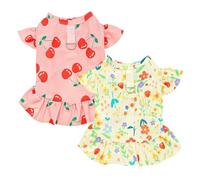 JAAQUCD 2 Pieces Cooling Dog Dresses Girl Small Dogs Clothes with Cherry & Flowers Puppy Dress Holiday Cat Outfit Pet Summer Clothing for Teddy Pomeranian Poodle Chihuahua (red Yellow, XX-Large)