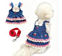 JAAQUCD Denim Dog Dress Harness and Lesh Set Female Small Dogs Clothes with Cherry Patterns Blue Puppy Dress for Girls Holiday Cat Outfit Pet Summer Clothing with D-Ring (Blue Dress, X-Large)