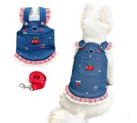 JAAQUCD Denim Dog Dress Harness and Lesh Set Female Small Dogs Clothes with Cherry Patterns Blue Puppy Dress for Girls Holiday Cat Outfit Pet Summer Clothing with D-Ring (Blue Vest, X-Large)