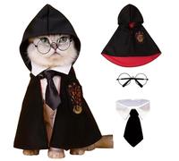 JAAQUCD Dog Halloween Magician Costume Set, Cat Wizard Cloak with Hood, Tie & Glasses, Pet Cosplay Outfit for Halloween Party, Puppy Witch Costume for Small Dogs(Red and Black, Medium)