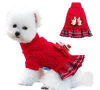 JAAQUCD Fall Dog Sweater Dress for Small Dog Girls Knitted Turtleneck Cat Sweater with Antler Bow Winter Puppy Outfit Cold Weather Pet Dress for Christmas Holiday Valentines Birthday (Red, Small)