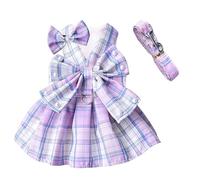 JAAQUCD Plaid Dog Dress Harness and Leash Set with Bow Tie Accessories Puppy Clothes for Small Dog Girl Cute Cat Summer Outfit Breathable Mesh Pet Princess Skirt with Pearls (Purple, Medium)
