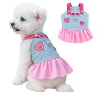 JAAQUCD Small Dog Denim Dress with D-Ring & Heart Pattern Girl Puppy Dress Harness Female Dog Clothes Cute Cat Denim Jacket Holiday Pet Outfit for Chihuahua Yorkie Poodle (Pink, Medium)