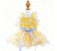 JAAQUCD Yellow Small Dog Dress Female with Daisy Pattern Sleeveless Puppy Clothes for Girl Dog Outfit Bow Knot Cat Dresses Summer Pet Sundress Holiday Cat Apparel (Yellow, Medium)