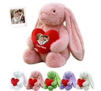 JABECODIFA Personalised Bunny Stuffed Animal Plush with Heart, Custom Valentine Stuffed Bunny Plush with Text Photo as Personalised Valentine Gifts for Her Him Easter Gift, 12 inch