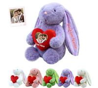 JABECODIFA Personalised Bunny Stuffed Animal Plush with Heart, Custom Valentine Stuffed Bunny Plush with Text Photo as Personalised Valentine Gifts for Her Him Easter Gift, 12 inch