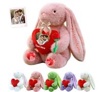 JABECODIFA Personalised Bunny Stuffed Animal Plush with Heart, Custom Valentine Stuffed Bunny Plush with Text Photo as Personalised Valentine Gifts for Her Him Easter Gift, 10 inch