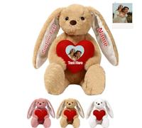 JABECODIFA Personalised Stuffed Bunny Plush with Heart, Custom Bunny Stuffed Animal with Text Photo as Personalised Long Ear Rabbit as Valentine Gifts Birthday Gifts First Easter Gift, 10 inch