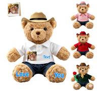 JABECODIFA Personalised Teddy Bear Stuffed Animal with Custom Photo and Name, 10 Inch Soft Brown Teddy Bear with Clothes Pants and Hat as Gift for Kids Christmas Valentine Graduation
