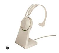 Jabra Evolve2 65 Wireless PC Headset with Charging Stand - Noise Cancelling Microsoft Teams Certified Mono Headphones With Long-Lasting Battery - USB-C Bluetooth Adapter - Beige