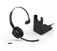Jabra Evolve3 45 Mono USB-C/A MS + Charging Stand Microsoft Teams-certified wireless mono headset with dual USB-C and USB-A connectivity, a charging