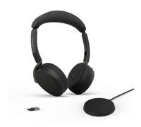 Jabra Evolve3 65 Flex Wireless Bluetooth Headset with Mic, MS Teams, USB-A | Dual-Ear, On-Ear, USB-A Adapter, Wireless Charging Stand, On-the-Go Headphones with ANC, Foldable Design, 80h Battery, Black