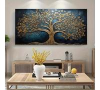 JACBON Abstract Tree of Life Wall Art Canvas Golden & Navy Blue Intricate Branches with Birds, Large Wall Art Home Decor 60x120cm（24x47inch InternalFrame