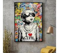 JACBON Banksy Graffiti Art I Love Life Little Boy Poster and Print Wall Canvas Paintings Street Pop Art for Bedroom Living Decor 30x50cm Frameless