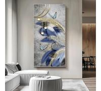 JACBON Blue Feather Abstract Boho Wall Art Minimalist Geometric Wall Decor Vertical Room Decor Line Art Canvas Painting(65x125cm（26x49inch)/frame