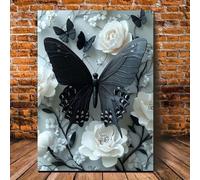 JACBON Canvas Art Giclee Artwork Black Butterflies & White Flowers - for Home Decor, for Holidays & Special Occasions, Room Decor 50x70cm（20x28inch Frameless