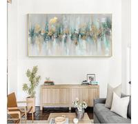 JACBON Gold Teal Green Textured Horizontal Abstract Painting On Canvas Living Bedroom Large Size Gold Wall Art Modern Home Decor 65x125cm（24x39inch WithGoldenFramed