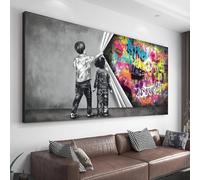 JACBON Graffiti Child Banksy Uncovered Justice Oversized Wall Art Print Boy Behind Curtain Picture Decoration 70x140cm（28x55inch InternalFrame