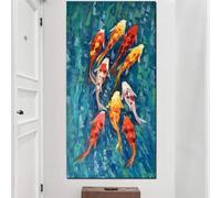 JACBON HD Print Wall Art Picture Chinese Abstract Nine Koi Fish Landscape Oil Painting on Canvas Poster Living Room Modern Decor 55x110cm(21x43inch InternalFrame