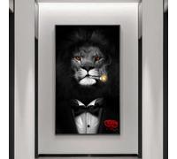 JACBON Modern lion in a suit canvas painting on the wall, smoking lion, Nordic art animals, picture for living room 60x80cm(24x31inch InternalFrame