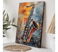 JACBON Modern Vibrant Jazz Instrument Notes Decor Print Art - Abstract Saxophone Canvas Art Print for Living Room Bedroom(30x40cm（12x16inch)/Frameless