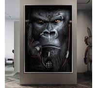JACBON Poster for Living Room Angry Gorilla Canvas Painting Monkey Listening to Music Abstract Wall Art Prints Picture Animal 30x40cm(12x16inch Frameless