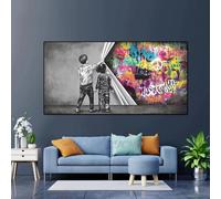 JACBON Street Graffiti Art Behind the Curtain Canvas Painting,Boy and Girl Find Love,Banksy Wall Art Poster Print for Home Decor 70x140cm Frameless
