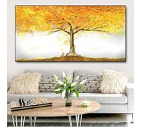JACBON Wall Art Abstract Autumn Golden Fallen Leaves Canvas Painting Yellow Tree Posters Fox Prints for Living Room Decor 62x122cm(24x49inch Frameless
