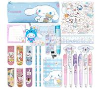 Jachneon Cinnamoroll School Supplies Set, Cute Cinnamoroll School Supplies Gift Set, Includes Pencil Case Ballpoint Pen Eraser Ruler ID Badge Holder Stickers Key Chain Pin Badges Bookmarks, Blue