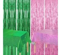 Jaciya Pink and Green Party Decoration Set: 4 Foil Curtains 2 Tablecloth Witch Princess Birthday Party Supplies Photo Booth Prop