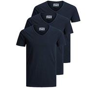 Jack and Jones Men's T-Shirt Basic V-Neck Pack of 3 Plain Slim Fit in White Black Blue Grey - Blue - X-Large