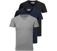 Jack and Jones Men's T-Shirt Basic V-Neck Pack of 3 Plain Slim Fit in White Black Blue Grey - Multicolour - Small