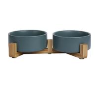 JACK AND VANILLA, Bon Appetit Double Ceramic Bowl with Non-Slip Bamboo Stand, Elegant and Ecological Design, Capacity 2 x 850 ml, Green, for All Breeds, Model Bon Appetit