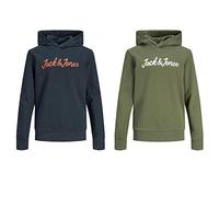 JACK & JONES Boys Hoodie Pack of 2 Sweatshirts Pullover Style with Logo Design and Cosy Fit for Daily Wear, Navy Blazer/Olive Colour, Size- 8 Years