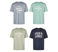 JACK & JONES JJLINO Men's Regular Fit T-Shirt, Pack of 4, Crew Neck, Short Sleeve, Summer T-Shirt, Print, Black, White, Green, Red, Blue, Grey, S, M, L, XL, XXL, 3XL, Pack 1, S
