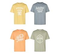JACK & JONES JJLINO T-Shirt Pack of 4 Crew Neck Short Sleeve Shirt Regular Fit Print Summer 100% Cotton Black White Green Red Blue Grey S M L XL XXL 3XL, Pack 4, S