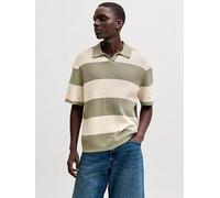 Jack & Jones Liam Stripe Split Neck Knitted Polo Shirt, Sea Salt, Size M, Men Ea Salt