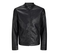 JACK & JONES Men’s Black PU Biker Jacket, Long Sleeve, 2 Pockets - Stylish Clean Jacket, UK Size L