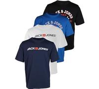 JACK & JONES Men's 4 Pack T-Shirts with Printed Cotton Various Logos, Pack of 4 (1 x black, 1 x port royal, 1 x navy blazer, 1 x asphalt), XXL