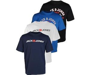 JACK & JONES Men's 4 Pack T-Shirts with Printed Cotton Various Logos, Pack of 4 (1 x black, 1 x white, 1 x French blue, 1 x navy blazer), L