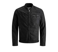 JACK & JONES Men's Faux Leather Jacket Motorcycle Blouson Bomber JJEROCKY Design Outerwear Transitional Coat., Colours:Black, Jacket Size:XXL
