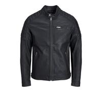JACK & JONES Men's Faux Leather Jacket Motorcycle Blouson Bomber JJEROCKY Design Outerwear Transitional Coat., Colours:Black-2, Jacket Size:XS