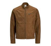 JACK & JONES Men's Faux Leather Jacket Motorcycle Blouson Bomber JJEROCKY Design Outerwear Transitional Coat., Colours:Light Brown, Jacket Size:S