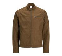 JACK & JONES Men's Faux Leather Jacket Motorcycle Blouson Bomber JJEROCKY Design Outerwear Transitional Coat., Colours:Light Brown, Jacket Size:S