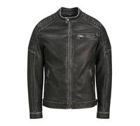 JACK & JONES Men's Faux Leather Jacket Motorcycle Bomber JJEROCKY Design Outerwear Transitional Coat., Colours:Black - WASHED PU Size:XL
