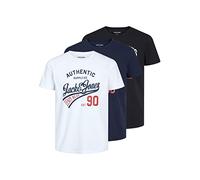 JACK & JONES Men's Jjethan Tee Ss 3pk Mp Noos Jersey, Quarter Sleeves, Crew Neck, Logo Print, Black/Pack:Black+White+navyblazer, XS