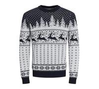 JACK & JONES Men's Jjxmas Gabriel Knit Crew Neck Jumper, Cloud Dancer/Pattern:w. Navy Blazer, M
