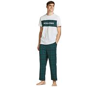 JACK & JONES Mens Pajama Set Classic White T-Shirt with Stylish Tartan Print Cozy Lounge & Sleepwear Set with Elastic Waistband, Size: XL